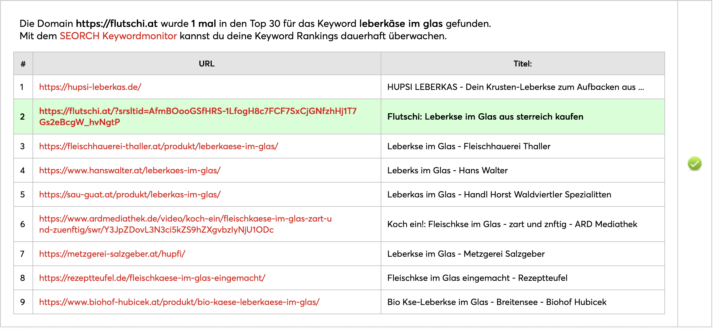 SEO-Fortschritt Keyword Ranking Leberkäse im Glas