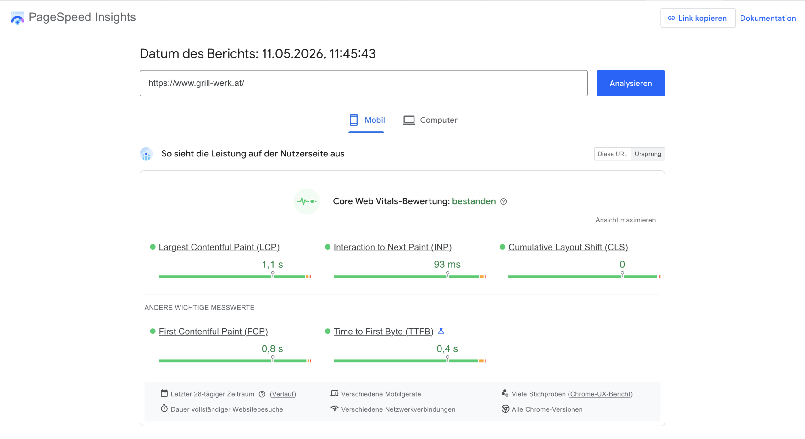 PageSpeed und Core Web Vitals Übersicht von Grill-Werk